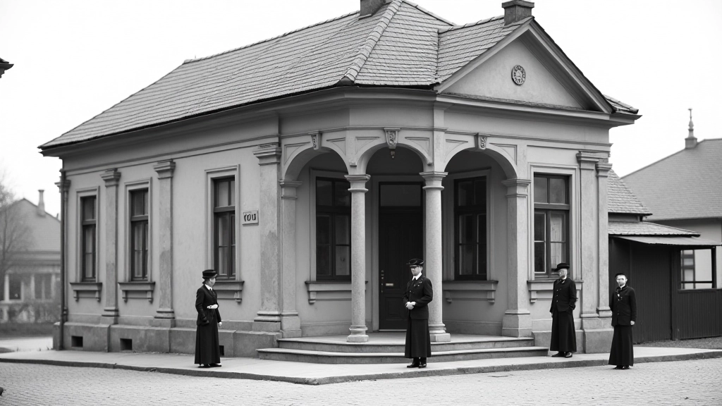 Archyvinis Rokiškio pašto stoties nuotrauka iš 1900-ųjų, parodytas originalus fasadas ir pašto darbininkai prieš įėjimą
